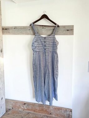 C&C California 100% Linen Blue Nautical Stripe Crop Wide Leg Jumpsuit Sz 14 NWT